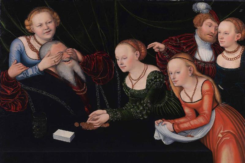 Lucas Cranach the Elder Old man beguiled by courtesans